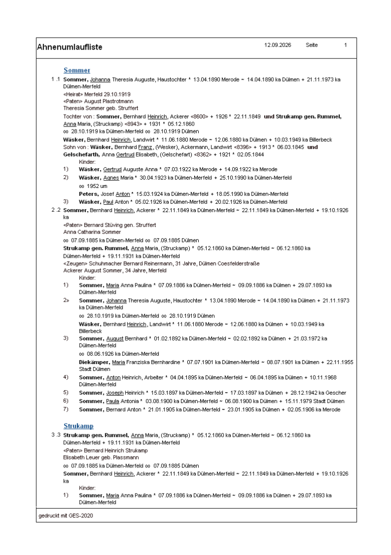 Ahnenumlaufliste in der Druckvorschau