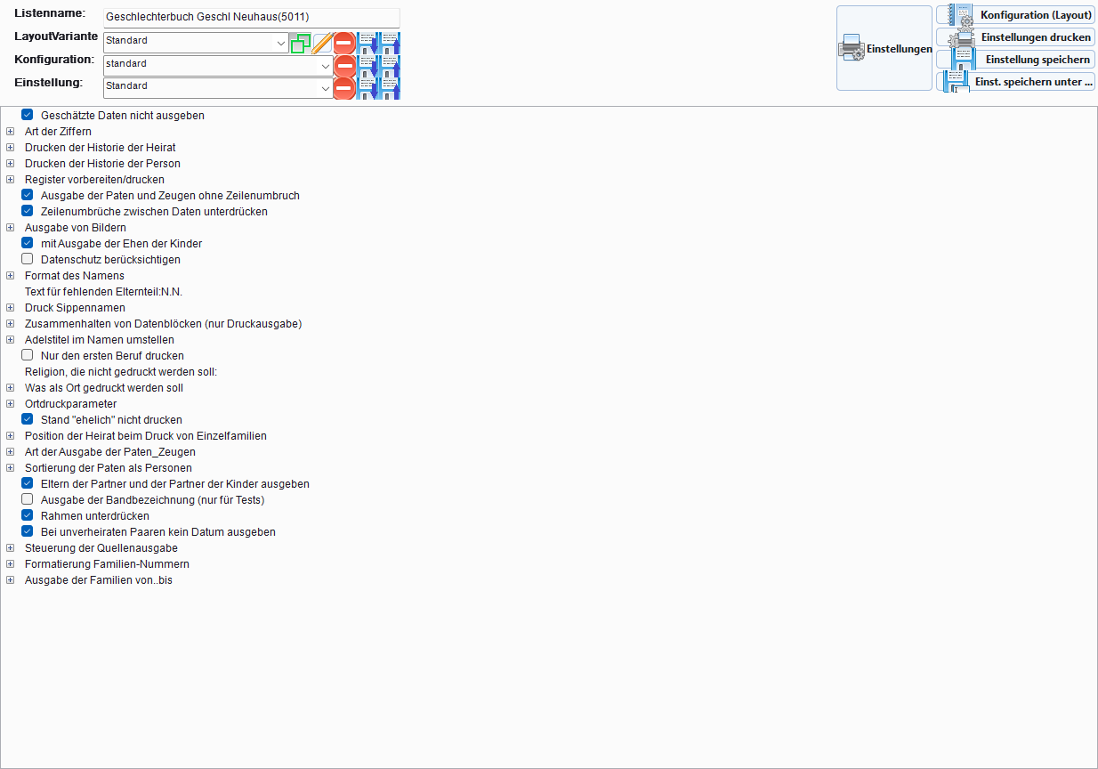 Druckdialog Geschlechterbuch mit Parameter-Panel