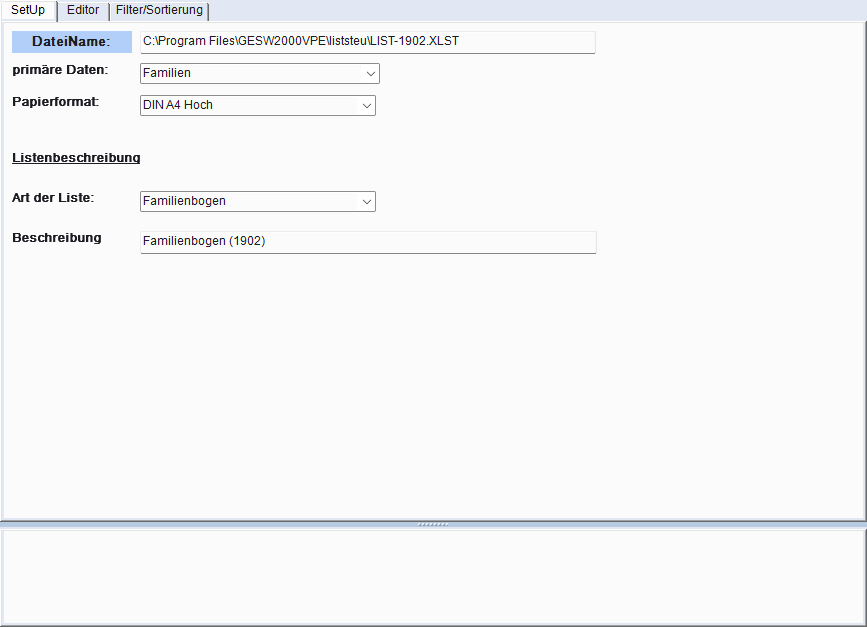 Listeneditor – Setup-Seite