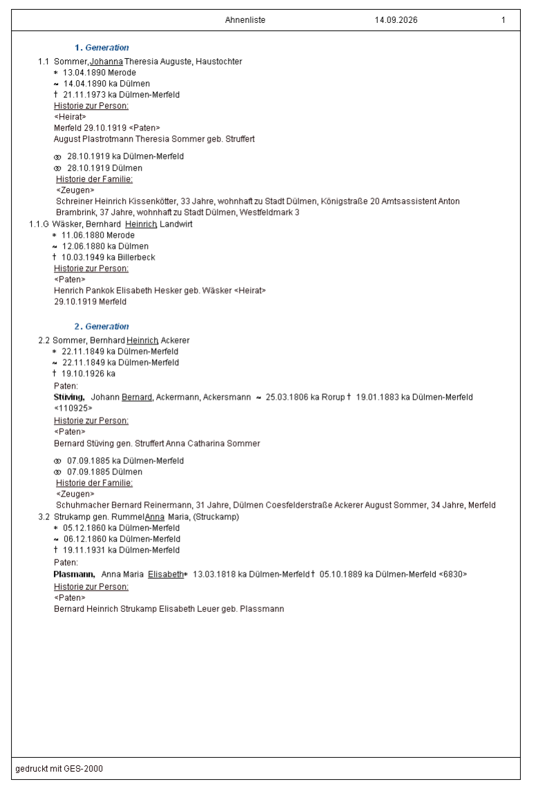Vorfahrenliste-Ausgabe in der Druckvorschau