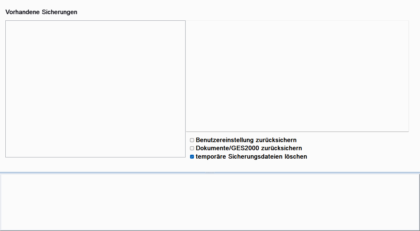 Datenrücksicherungs-Formular mit Sicherungsdatei-Liste und Optionen