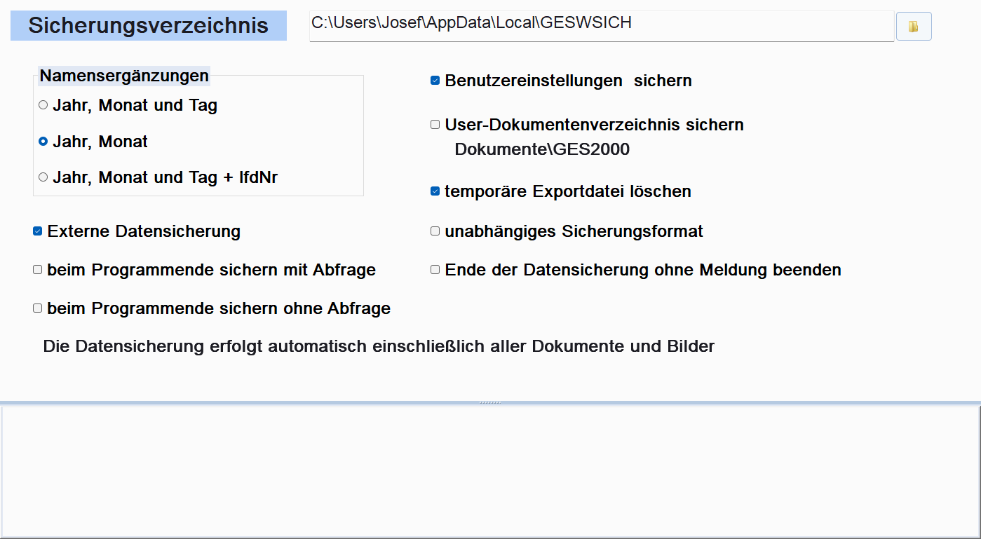 Datensicherungs-Formular mit Sicherungsverzeichnis und Optionen
