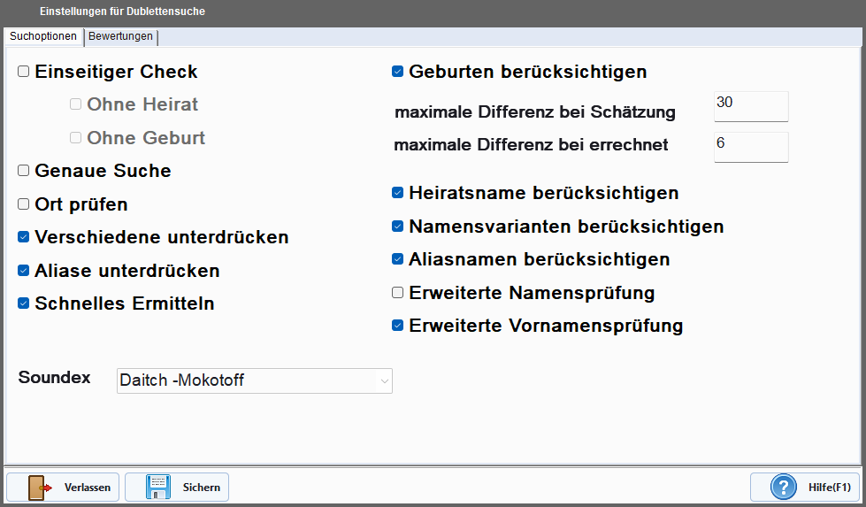 Dubletten-Parameter-Dialog, Tab Suchoptionen