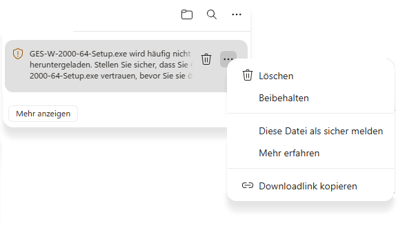 Edge-Download-Warnung mit geöffnetem Menü und Option „Beibehalten