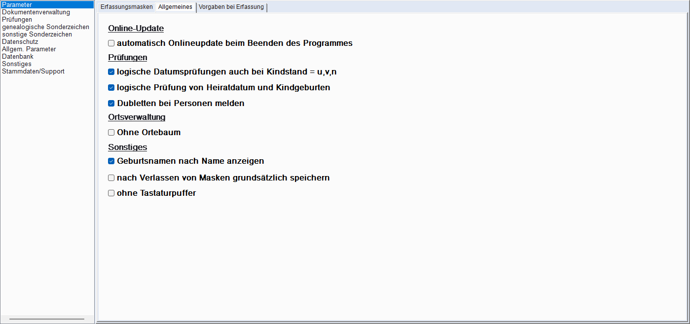 Einstellungen, Tab Parameter → Allgemeines
