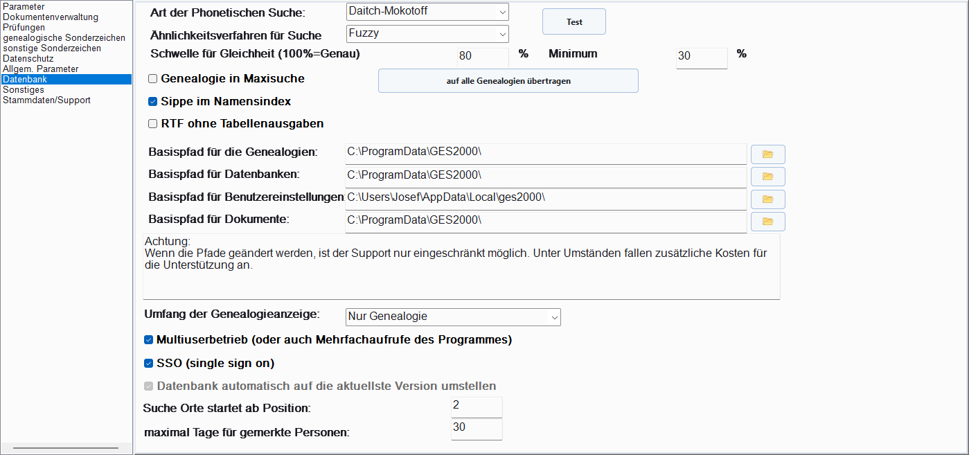 Einstellungen, Tab Datenbank mit Pfaden und Optionen