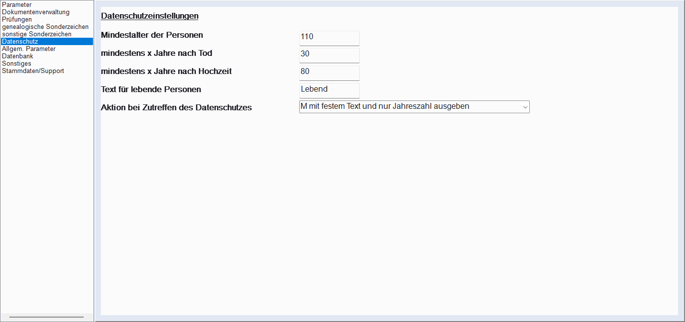 Einstellungen, Tab Datenschutz