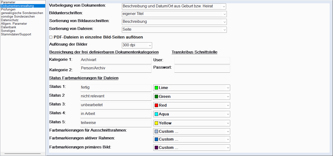 Einstellungen, Tab Dokumentenverwaltung