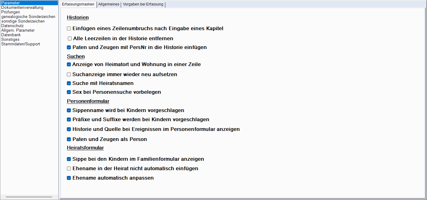 Einstellungen, Tab Parameter → Erfassungsmasken