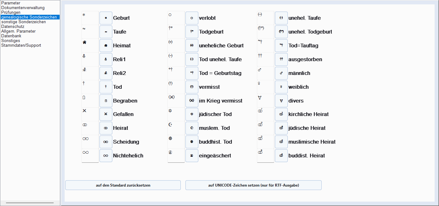 Einstellungen, Tab Genealogische Sonderzeichen