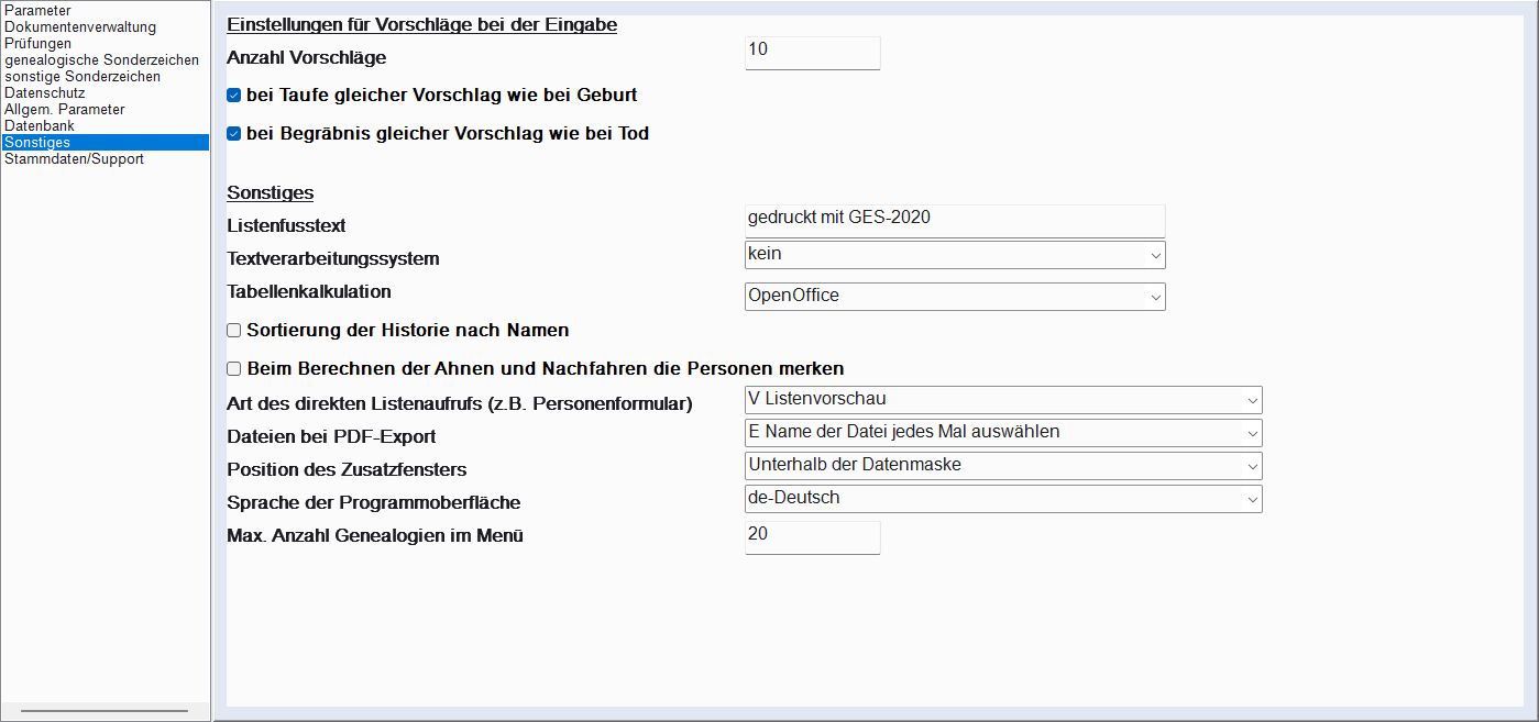 Einstellungen, Tab Sonstiges