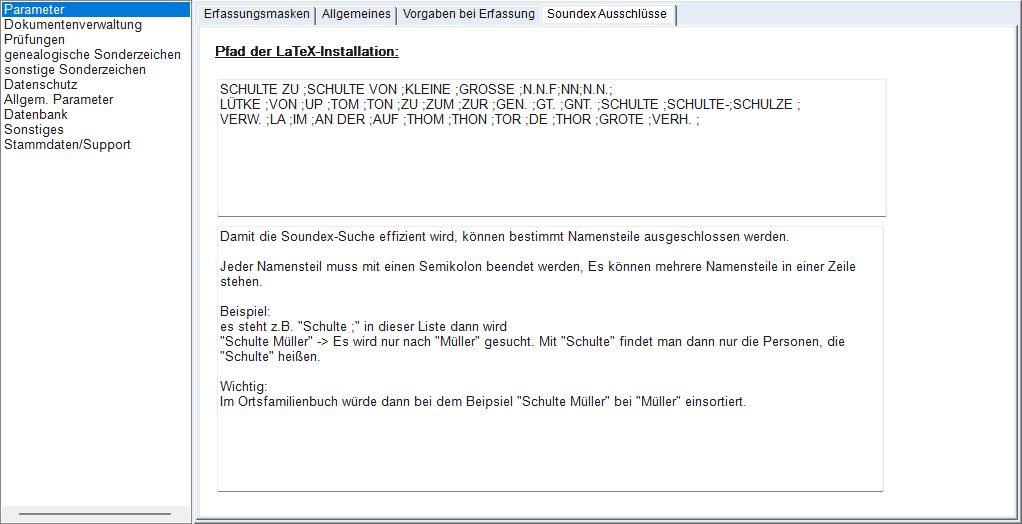 Einstellungen, Tab Soundex Ausschlüsse