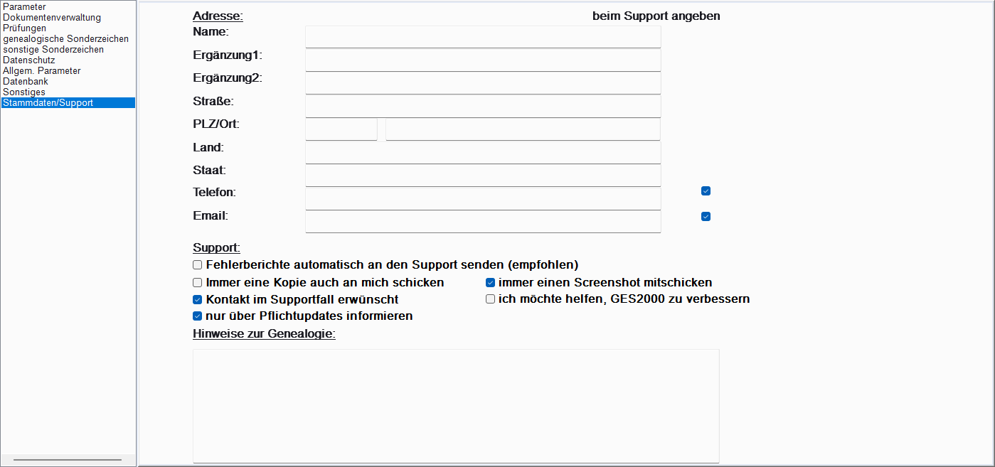 Einstellungen, Tab Stammdaten/Support mit Adressfeldern