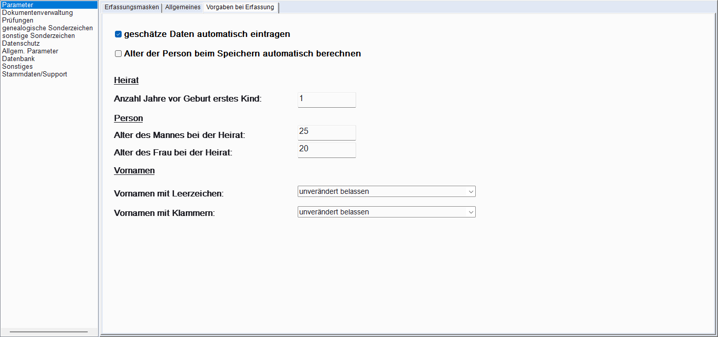 Einstellungen, Tab Parameter → Vorgaben bei Erfassung