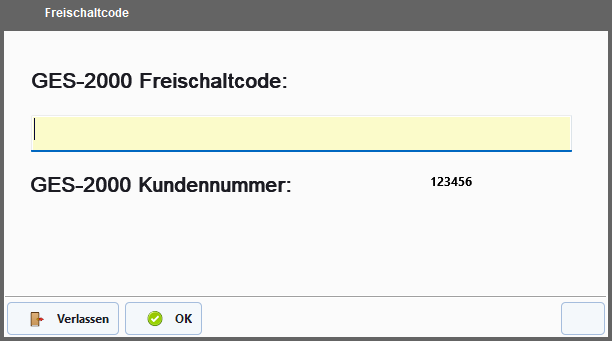 Dialog zur Eingabe des GES-2000 Freischaltcodes