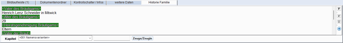 Panel-Tabs: Bilder, Dokumente, Prüfung, Zusatzfelder, Historie