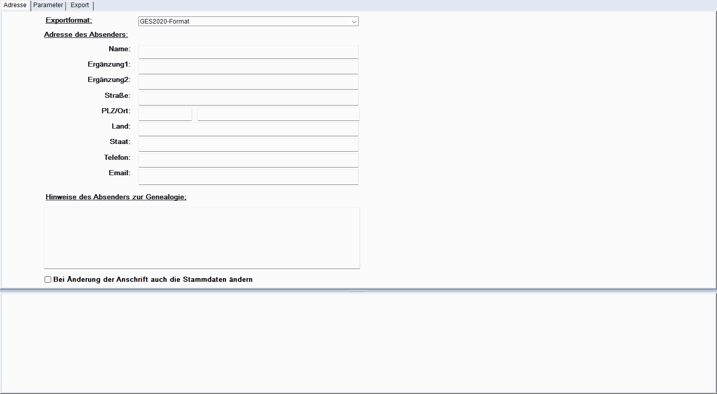GEDCOM-Export-Formular Tab Auswahl mit Zählern