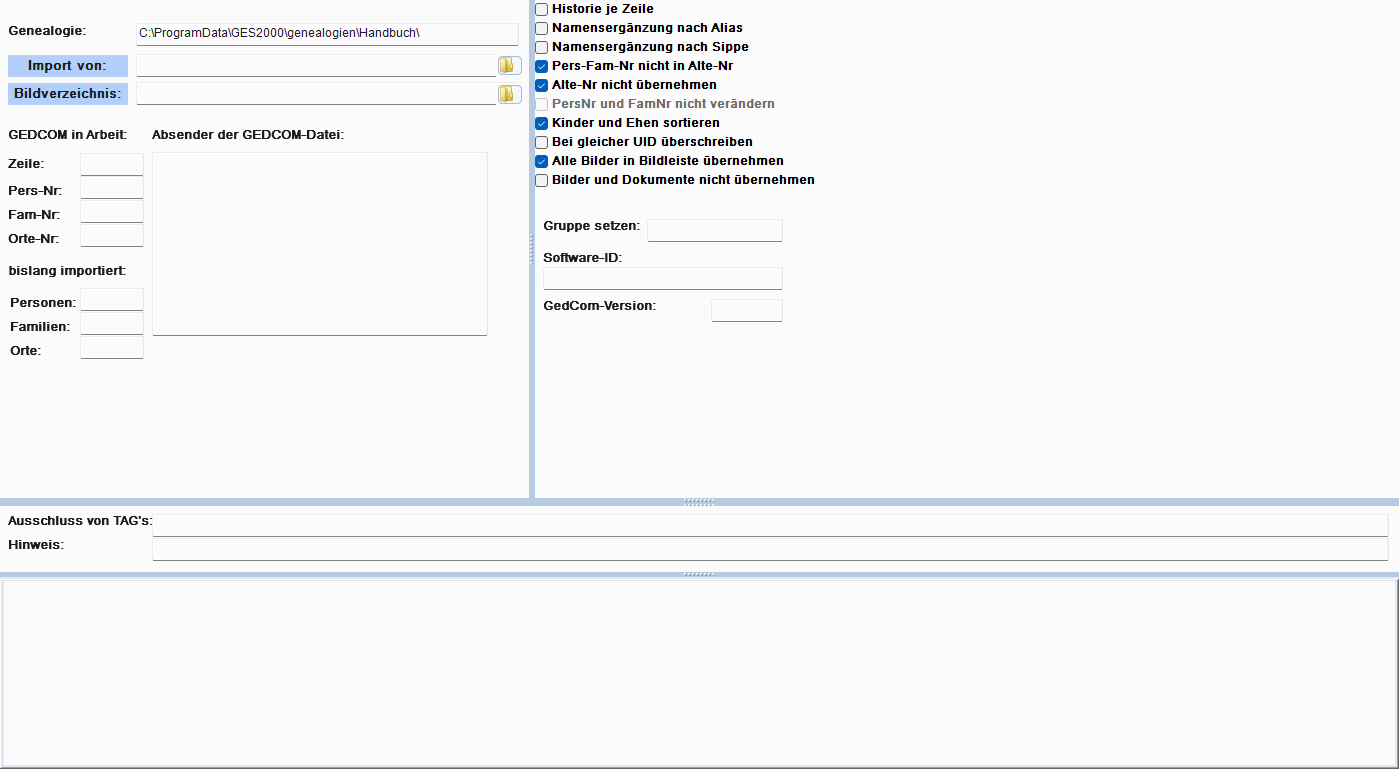 GEDCOM-Import-Formular mit geladener Datei und Importoptionen