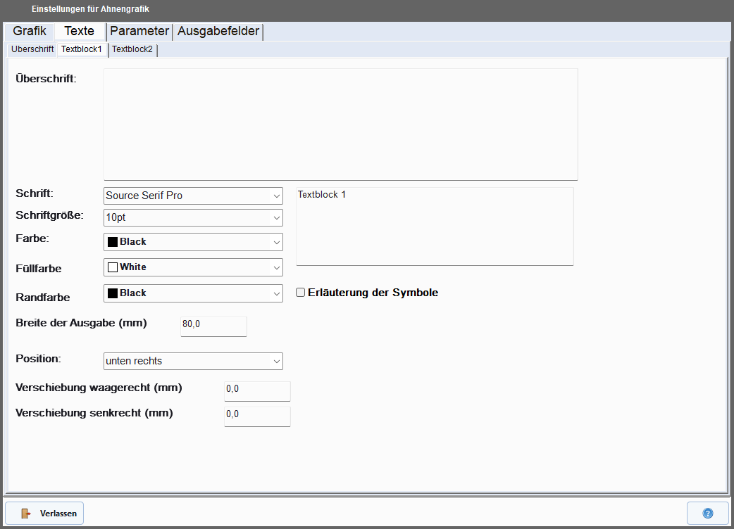 Textblock-Einstellungen: Inhalt, Position und Farben
