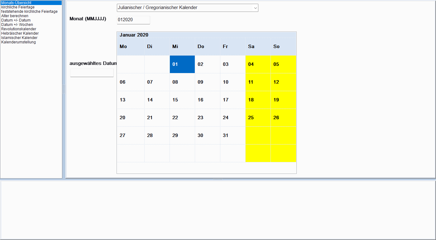 Genealogiekalender-Formular mit Listart links und Tab-Bereich rechts