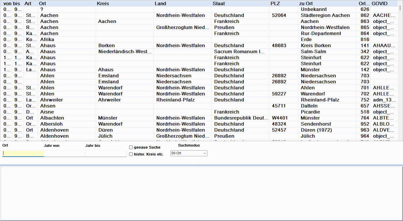 Ergebnisliste der Ortssuche mit Spalten Ort, Art, Kreis, Land, Staat, PLZ und GOV-ID