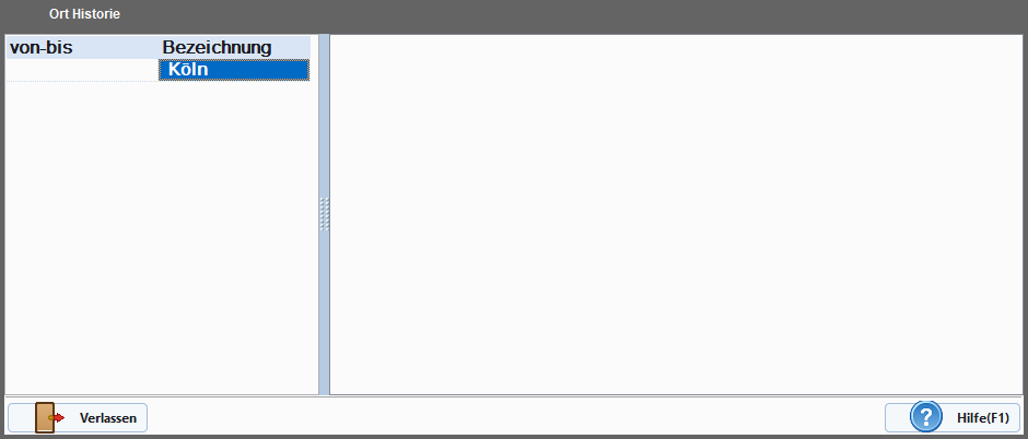 Dialog Historische Ortsnamen mit Tabelle der Gültigkeitszeiträume
