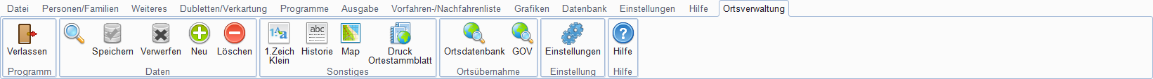 Ribbon-Leiste der Ortsverwaltung mit den Panes Sonstiges, Ortsübernahme und Einstellung