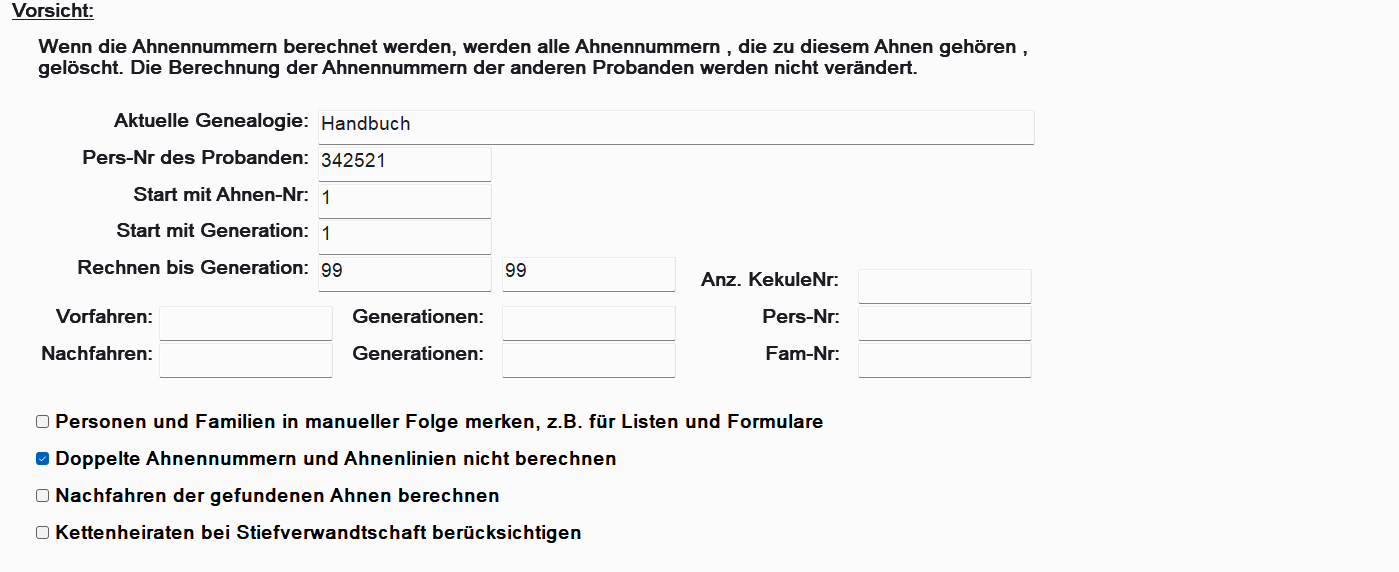 Ahnennummer-Berechnungsformular mit Eingabefeldern
