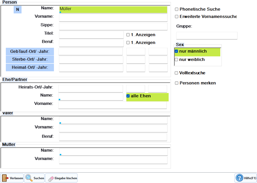 Sucheingabe-Formular mit allen Feldern: Name, Vorname, Geburt, Tod, Heimat, Familie, Filter
