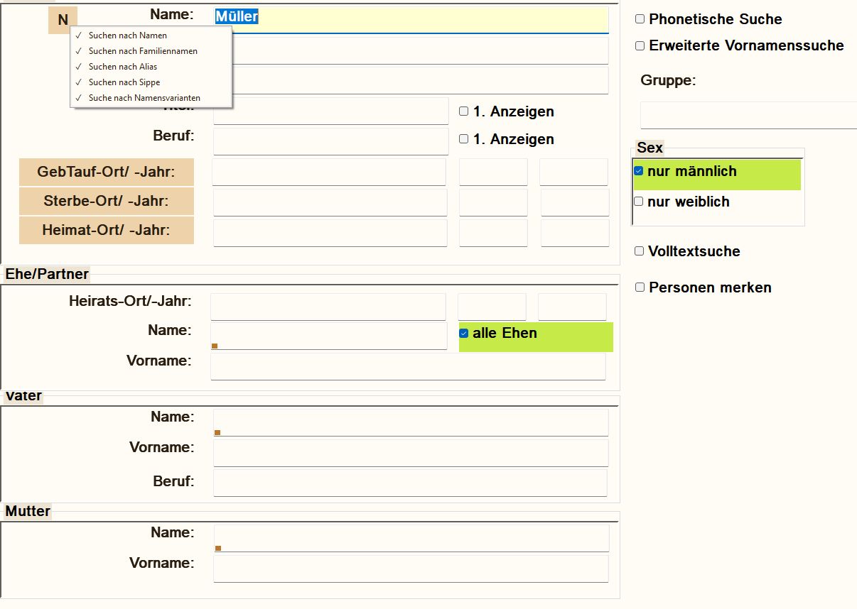 Namen-Button Popup-Menü mit 5 Optionen: Familiennamen, Varianten, Alias, Sippe, Vornamen