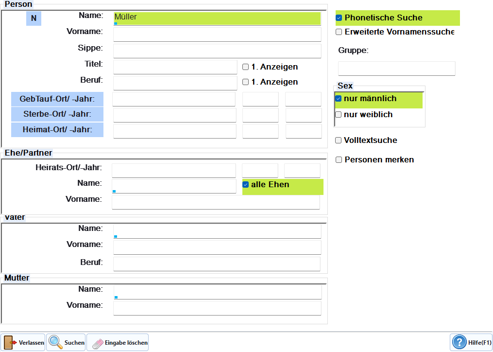 Checkboxes für Such-Modi (Volltext, Phonetik) und erweiterte Filter (AllEhen, erwVorname, Merken)