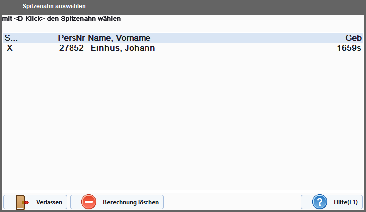 Dialog Spitzenahnen auswählen mit Personenliste
