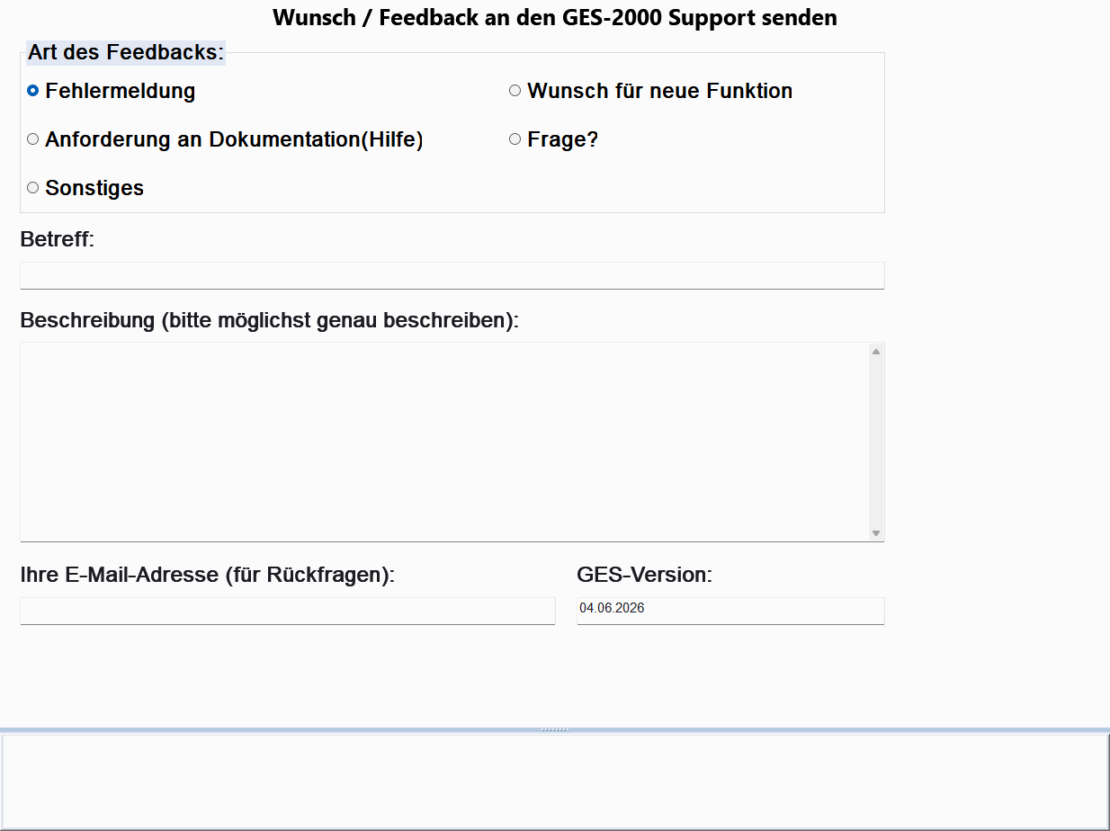 Formular Wunsch / Feedback senden mit Typ, Betreff, Beschreibung und E-Mail